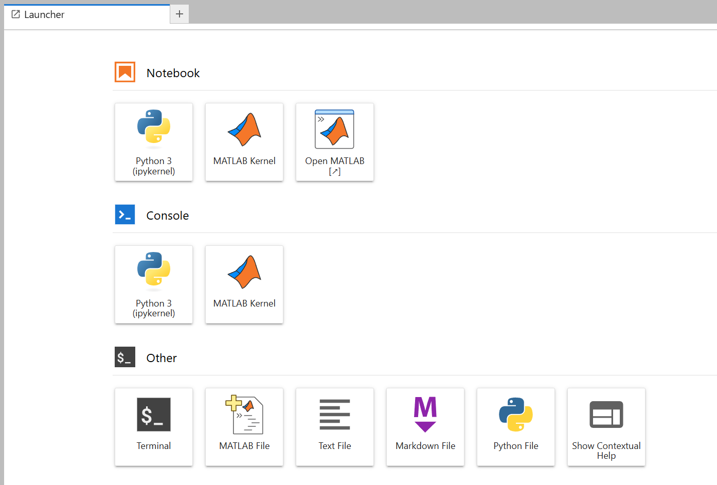 Launcher, der den MATLAB-Kernel und ein Panel für die graphische Oberfläche zeigt