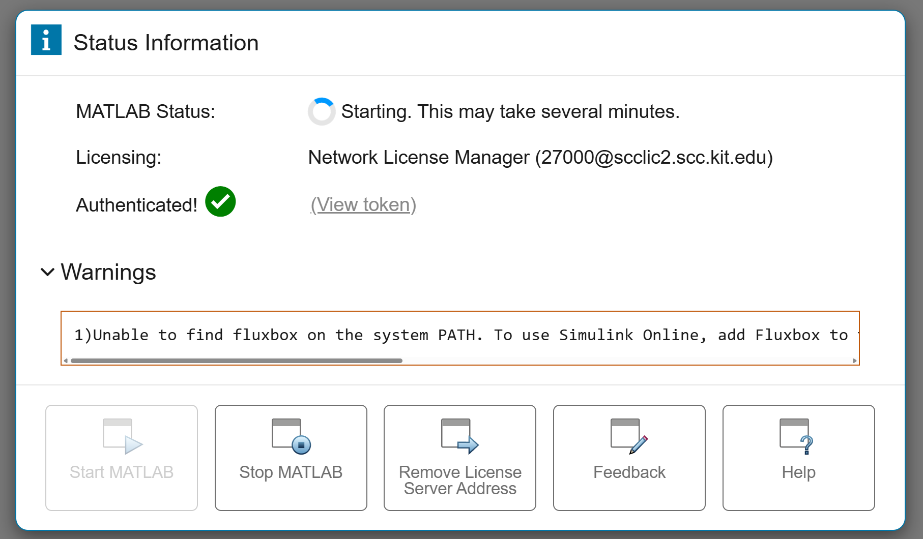 Status-Informationen, die den MATLAB-Start anzeigen