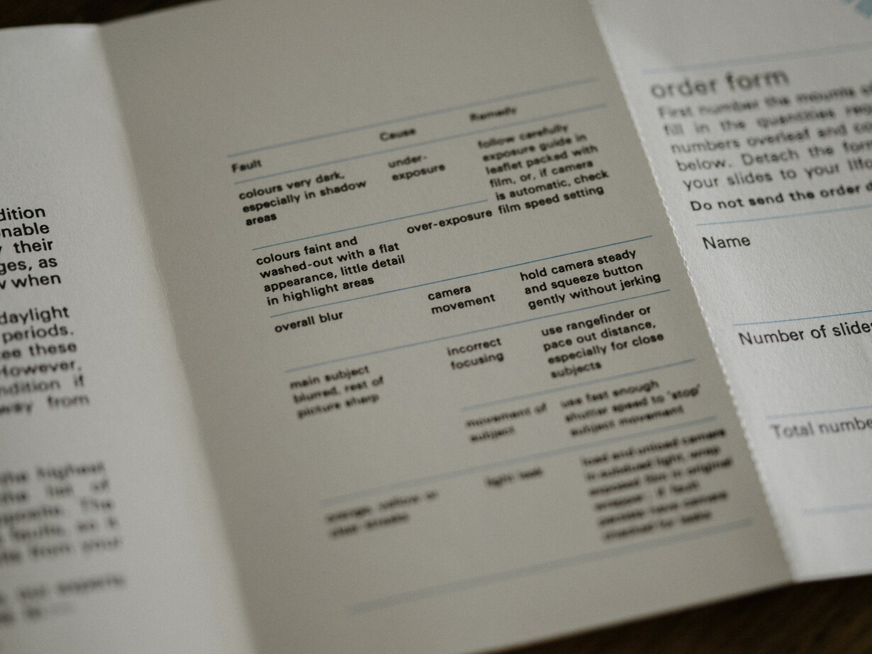 Fotografie-Anleitung mit Fehlerbehebung und Bestellformular für Dias in englischer Sprache.